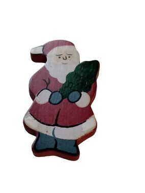 Santa Clause Button Cover Vintage Holding Christmas Tree Handcrafted wood